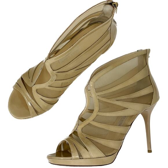 Jimmy Choo Nude Neutral Patent Leather Mesh Ankle Zip Cage Heels size 38 / US7.5 - Picture 1 of 16